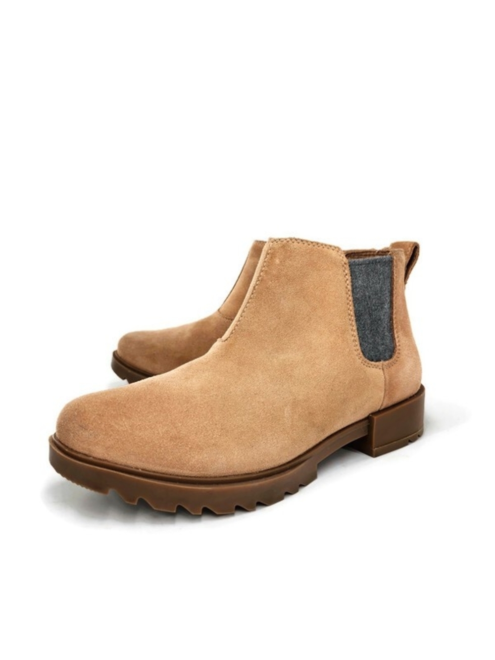 Sorel Emelie II Tan Suede Waterproof Pull-On Gum Lug Sole Chelsea Ankle Booties